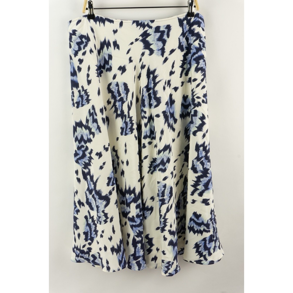 St. John Silk Pleated A-Line Midi Skirt Womens 16 Blue White Geometric Floral